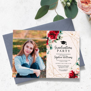 Rote Rose & Gold Foto Graduation Party Einladung