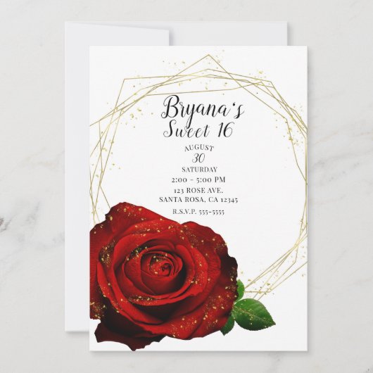 Rote Rose Gold Geometric Glam Sweet 16 Party Einladung (Vorderseite)