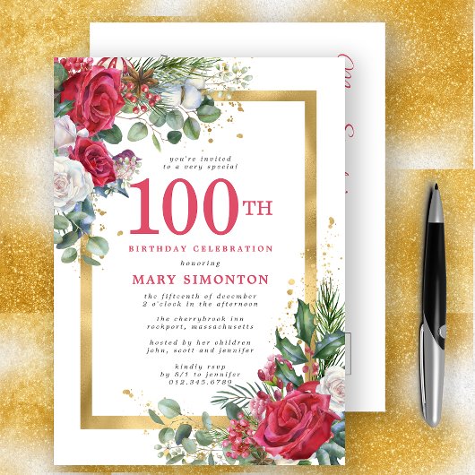 Rote Rose Gold Holly 100. Geburtstag Einladungspostkarte