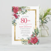 Rote Rose Gold Holly 80. Geburtstag Einladung (Stehend Vorderseite)