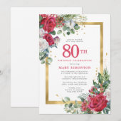 Rote Rose Gold Holly 80. Geburtstag Einladung (Vorne/Hinten)