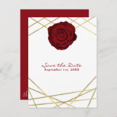 Rote Rose & Gold Linien Blumengestein Save the Dat Ankündigungspostkarte (Vorne/Hinten)