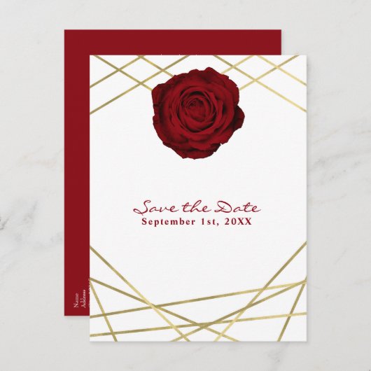 Rote Rose & Gold Linien Blumengestein Save the Dat Ankündigungspostkarte (Vorne/Hinten)