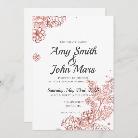 Rote Rose Gold Pine Cones Einladung (Vorne/Hinten)