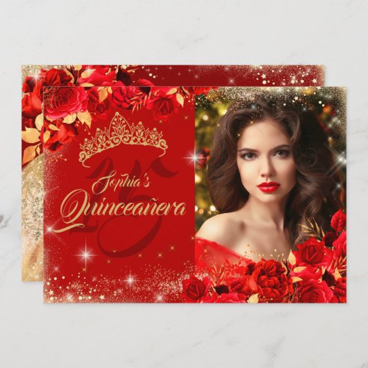 Rote Rose Gold Quinceanera Foto Einladung (Vorne/Hinten)
