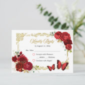 Rote Rose Gold Quinceañera RSVP-Karte RSVP Karte (Stehend Vorderseite)
