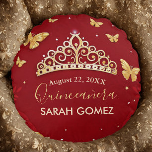 Rote Rose Gold Quinceanera Rundes Kissen