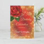 Rote Rose Gold Sparkle Satin 75. Geburtstag Einladung (Stehend Vorderseite)