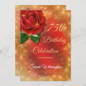 Rote Rose Gold Sparkle Satin 75. Geburtstag Einladung (Vorne/Hinten)