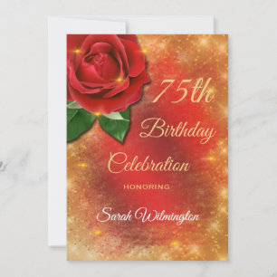 Rote Rose Gold Sparkle Satin 75. Geburtstag Einladung