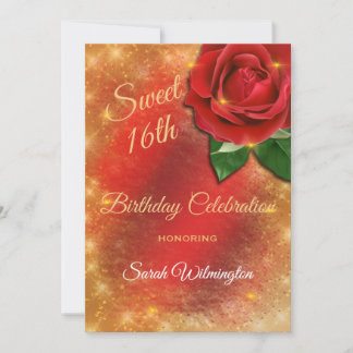 Rote Rose Gold Sparkle Satin Sweet 16 Geburtstag Einladung