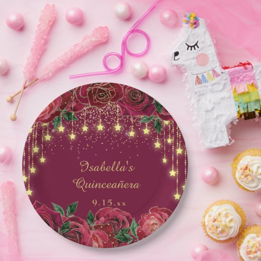 Rote Rose Gold Star String Light Stars Quinceañera Pappteller (Party)