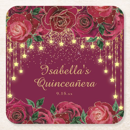 Rote Rose Gold String Light Stars Quinceñera Rechteckiger Pappuntersetzer (Vorderseite)