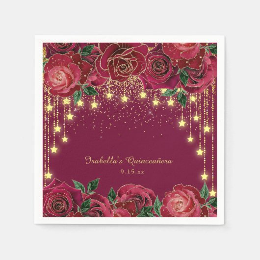 Rote Rose Gold String Light Stars Quinceñera Serviette (Vorderseite)