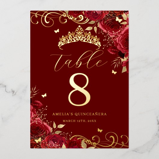 Rote Rose Gold Swirl Quinceanera Tischnummer (Vorderseite)