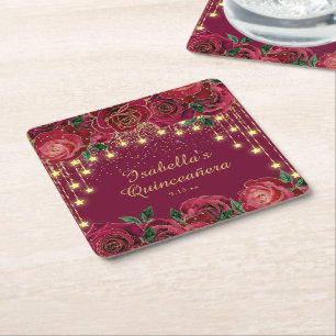 Rote Rose Goldene Lichterkette Sterne Quinceañera Rechteckiger Pappuntersetzer