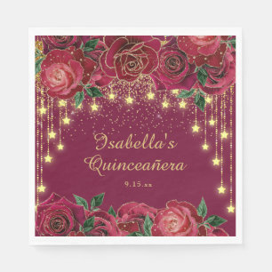 Rote Rose Goldene Lichterkette Sterne Quinceañera Serviette