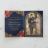 Rote Rose Goldene Spitze Navy Blau QR-Code Foto Ho Einladung (Innenseite)