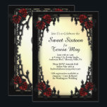 Rote Rose Gothic 16 . Geburtstag Eiserne Tor Einla Einladung<br><div class="desc">Schöne tiefe rote Rose mit Namen und Datum auf gelbem Hintergrund Bitte dreifach Karo Ihren Text vor dem endgültigen Kauf</div>