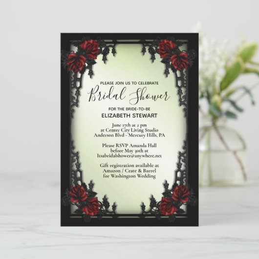 Rote Rose Gothic Brautparty mit Registrierungsinfo Einladung (Stehend Vorderseite)