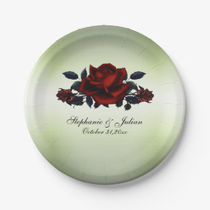 Rote Rose Gotische Hochzeitnamen und Datum Grün Pappteller