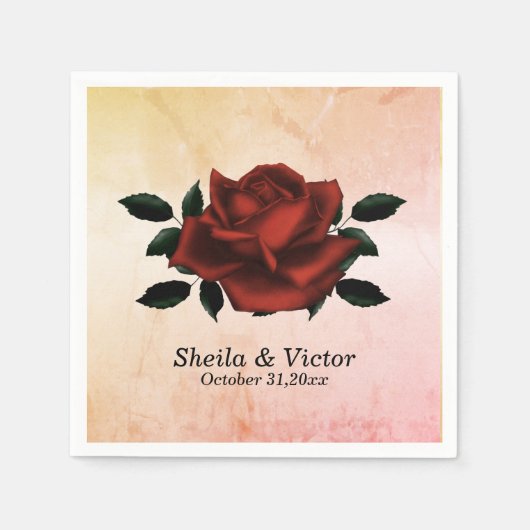 Rote Rose Gotische Namen Datum Peach Hochzeiten Na Serviette (Vorderseite)