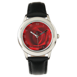 Rote Rose Grau-Script römische Zahlen Kids Watch  Armbanduhr