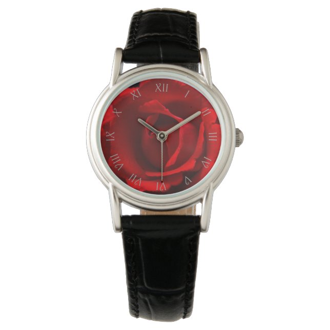 Rote Rose Gray Script Roman Numbers waa Armbanduhr (Vorderseite)