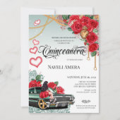 Rote Rose Green Lowrider Mexicana Quince Geburtsta Einladung (Vorderseite)