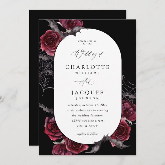 Rote Rose Halloween Bats Hochzeit - Schwarz Einladung (Vorne/Hinten)