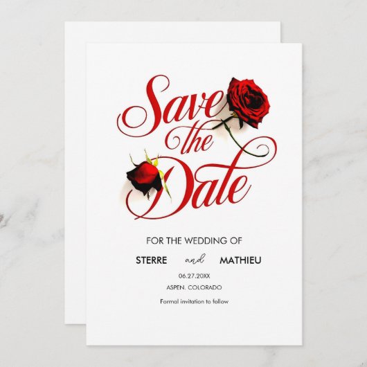 Rote Rose-Hochzeit mit Blumenchic Save The Date (Vorne/Hinten)