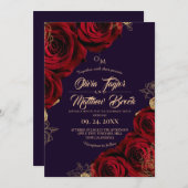 Rote Rose-Hochzeit mit Violett und Gold ⎮ Einladung (Vorne/Hinten)