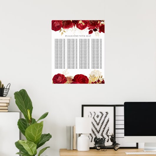 Rote Rose Hochzeit oder Quinceanera Seating Chart Poster (Heimbüro)