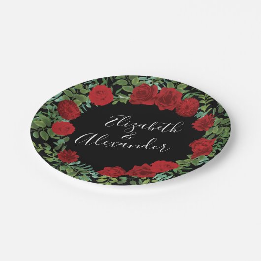 Rote Rose Hochzeit Pappteller (Schrägansicht)