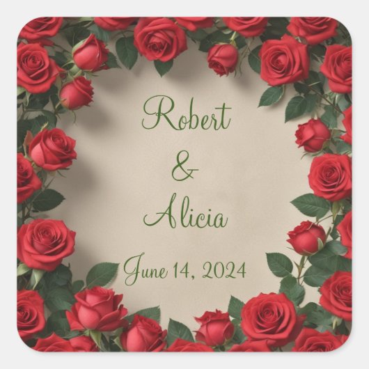 Rote Rose Hochzeit Quadratischer Aufkleber (Vorderseite)