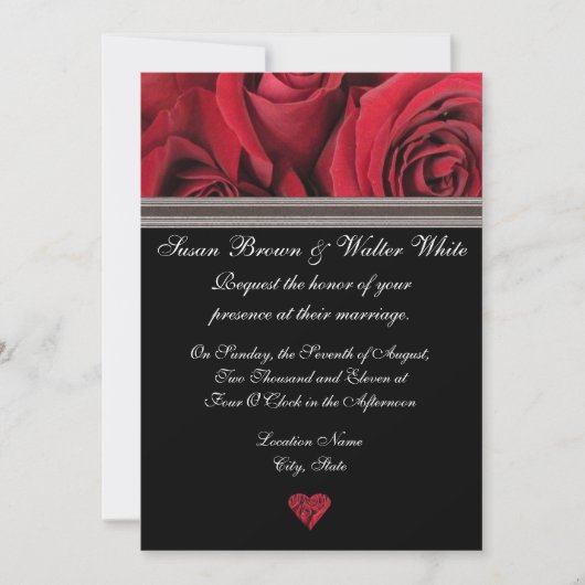 Rote Rose Hochzeitseinladung mit Grauband Einladung (Vorderseite)