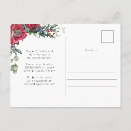 Rote Rose Hochzeitssache Datum speichern Ankündigungspostkarte (Rückseite)