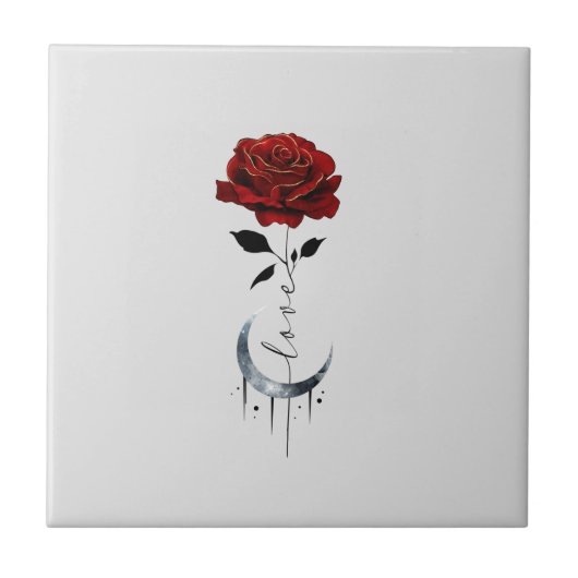 Rote Rose im Tattoo-Stil und Mondmond im Crescent- Fliese (Vorderseite)