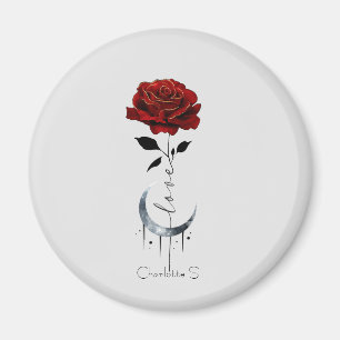 Rote Rose im Tattoo-Stil und Mondmond im Crescent- Magnet