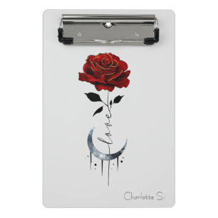 Rote Rose im Tattoo-Stil und Mondmond im Crescent- Mini Klemmbrett