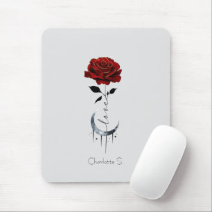Rote Rose im Tattoo-Stil und Mondmond im Crescent- Mousepad
