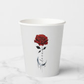Rote Rose im Tattoo-Stil und Mondmond im Crescent- Pappbecher (Rückseite)