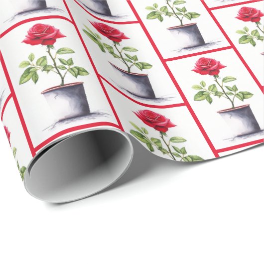 Rote Rose in Blume Pot Geschenkpapier (Rolleneckpunkt)
