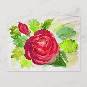Rote Rose in Blüte Aquarell-Blumenmalerei Feiertagspostkarte