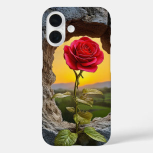 Rote Rose in steinerner Mauer Vintage Natur Floral iPhone 16 Hülle