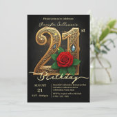 Rote Rose Jewel Accents Filigree Gold 21. Geburtst Einladung (Stehend Vorderseite)