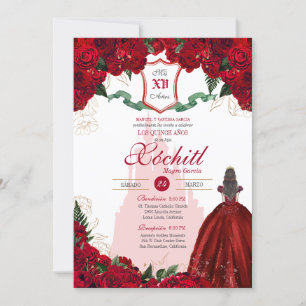 Rote Rose Königliche Prinzessin Elegante Quinceane Einladung