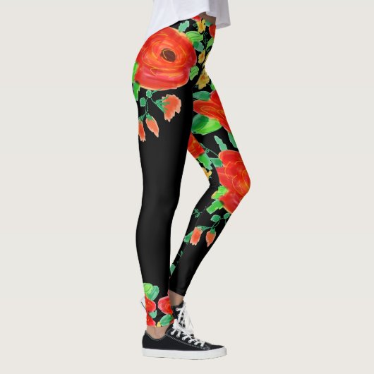 Rote Rose Leggings auf schwarz (Rechts)