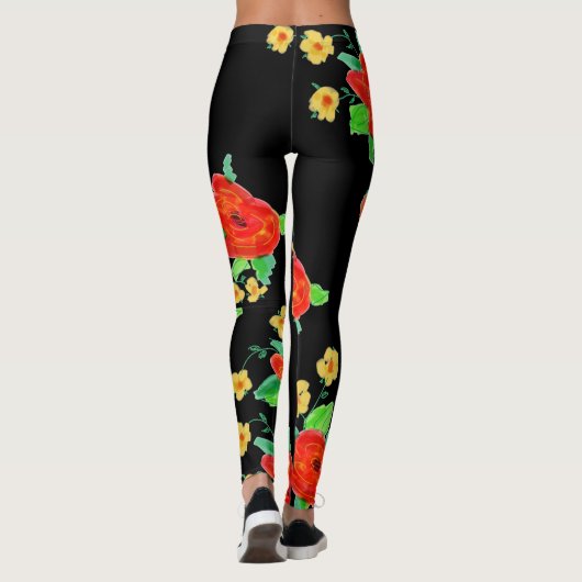 Rote Rose Leggings auf schwarz (Rückseite)