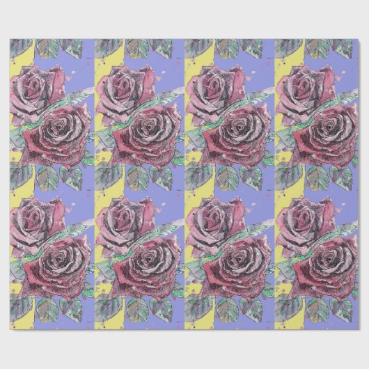 Rote Rose Lila Frühlingsblumen Wasserfarbe Geschenkpapier (Flach)